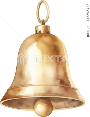 A single, simple golden jingle bell, illustrated in a classic watercolor style and isolated on a white background. 132292317