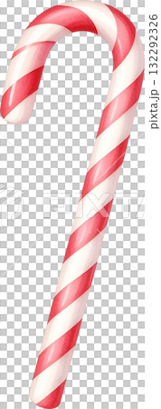 A simple watercolor illustration of a red and white striped candy cane, isolated on a white background. 132292326