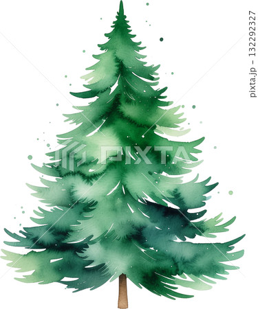 A minimalist watercolor illustration of a green Christmas tree, isolated on a white background with artistic paint splatters. 132292327