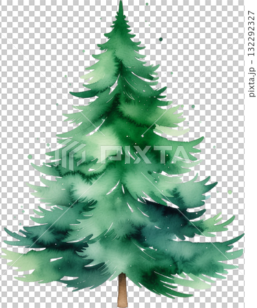 A minimalist watercolor illustration of a green Christmas tree, isolated on a white background with artistic paint splatters. 132292327