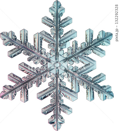 A hyper-detailed macro photograph of a single, perfectly symmetrical snowflake showing its intricate ice crystal structure, isolated on a white background. 132292328