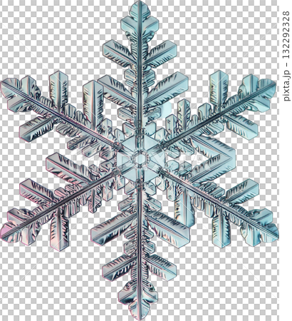 A hyper-detailed macro photograph of a single, perfectly symmetrical snowflake showing its intricate ice crystal structure, isolated on a white background. 132292328