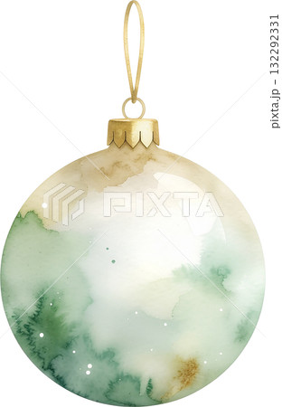 A collection of delicately painted watercolor Christmas ornaments in beige and sage green with geometric gold lines, isolated on a white background. A collection of delicately painted watercolor Christmas ornaments in beige and sage green with geometric gold lines, isolated on a white background. 132292331