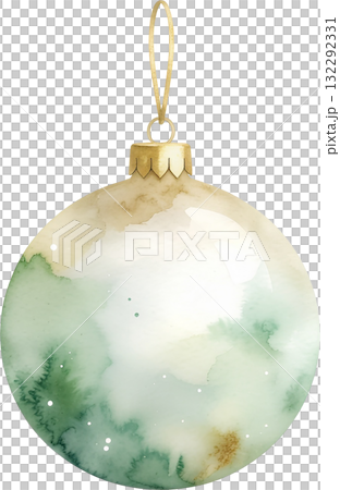 A collection of delicately painted watercolor Christmas ornaments in beige and sage green with geometric gold lines, isolated on a white background. A collection of delicately painted watercolor Christmas ornaments in beige and sage green with geometric gold lines, isolated on a white background. 132292331