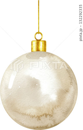 A collection of delicately painted watercolor Christmas ornaments in beige and sage green with geometric gold lines, isolated on a white background. 132292335