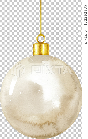 A collection of delicately painted watercolor Christmas ornaments in beige and sage green with geometric gold lines, isolated on a white background. 132292335
