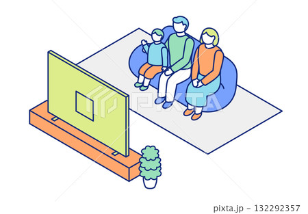 自宅のソファでテレビを見ながらくつろぐ家族のアイソメトリックイラスト 132292357