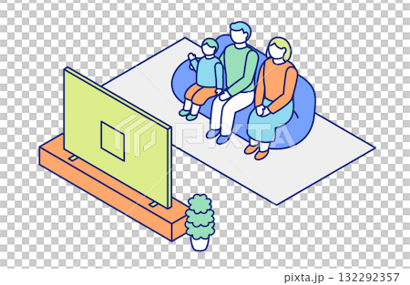 自宅のソファでテレビを見ながらくつろぐ家族のアイソメトリックイラスト 132292357