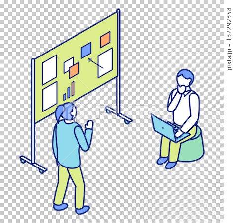 一名男子在白板前進行演示，另一名男子正在聆聽演示的等距插圖 132292358