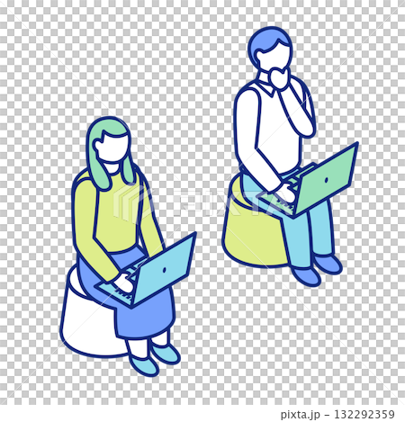 椅子に座ってノートパソコンを操作する女性と何かを思考する男性のアイソメトリックイラスト 132292359