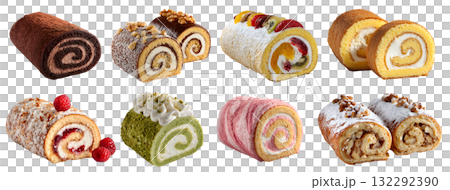 Set of of Swiss roll jelly roulade roll-up sponge cake with jam cream icing fillings, nuts fruit flavour set, on transparent cutout PNG. Many different flavor. Mockup template 132292390