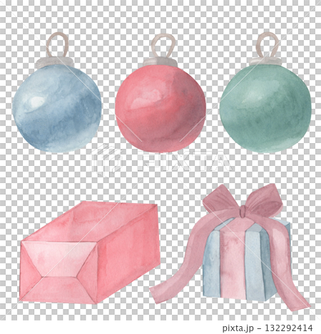 Festive watercolor set from gifts pink and blue boxes, New Year's Christmas set balls. Design for Christmas holiday. Watercolor hand draw illustration isolated. For invitations, cards, seasonal decor 132292414