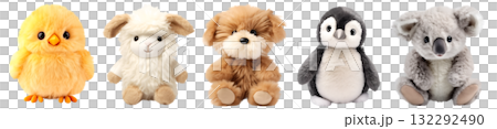 Set of fur plush stuffed animal toy on transparent background cutout, PNG file. Many assorted different design. Mockup template for artwork graphic design 132292490