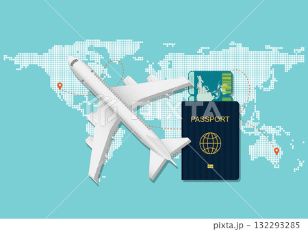Travel concept vector airplane, passport, and boarding pass on a world map background. Travel concept vector airplane, passport, and boarding pass on a world map background. 132293285