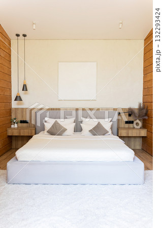 Peaceful bedroom with neat bed white bedding Peaceful bedroom with neat bed white bedding 132293424