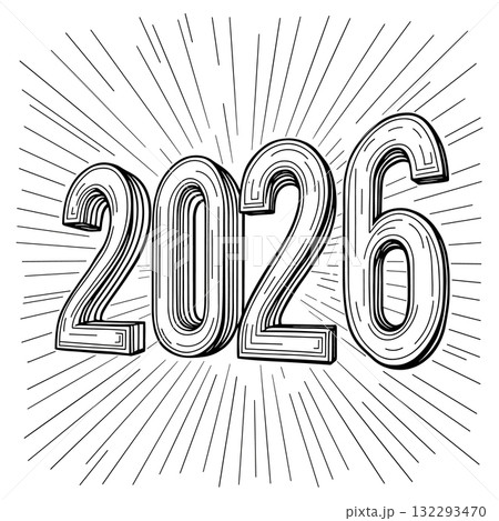 3D outlined 2026 numbers with radiating lines effect Keywords: 2026, year, new year, 3D 132293470
