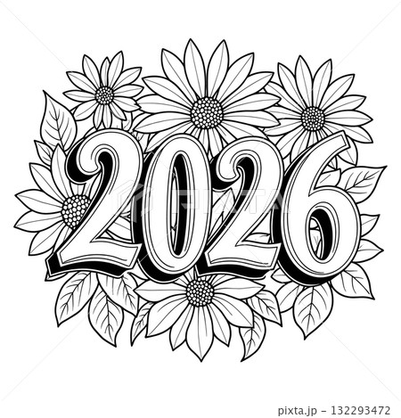 2026 bold numbers framed by blooming daisies and leaves new year 132293472