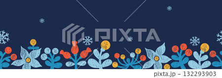 Christmas Floral Seamless border. Crayon Hand-drawn Winter background with Flower, berries and snowflakes on blue. New Year horizontal poster. Textured Primitive Doodle. Vector illustration. Not AI 132293903