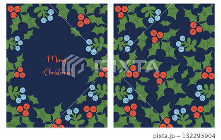 Christmas floral frames with holly leaves and berries on dark navy background. New Year Pattern posters set. Textured Crayon Hand-Drawn Doodle. Isolated Primitive trendy Vector illustration. Not AI Christmas floral frames with holly leaves and berries on dark navy background. New Year Pattern posters set. Textured Crayon Hand-Drawn Doodle. Isolated Primitive trendy Vector illustration. Not AI 132293904