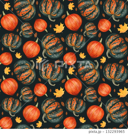 Hand drawn autumn seamless pattern with orange, green pumpkins,autumn leaves. Watercolor on dark background. 132293965