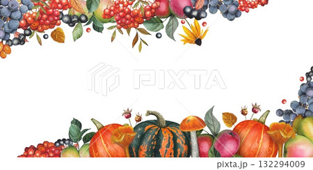 Hand drawn border with apples, berries, pumpkins, autumn leaves. Watercolor illustration. 132294009