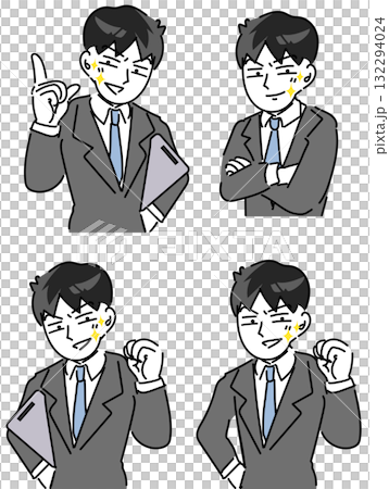 ガッツポーズをしてキメ顔をする若い社員のセットベクターイラスト ガッツポーズをしてキメ顔をする若い社員のセットベクターイラスト 132294024