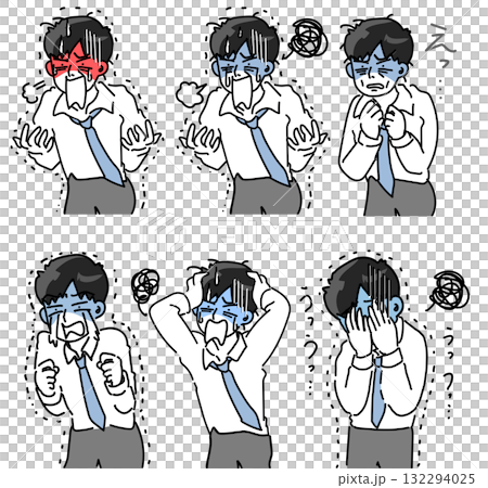 大失敗、致命的なミスを犯し頭を抱える若いサラリーマンのセットベクターイラスト 大失敗、致命的なミスを犯し頭を抱える若いサラリーマンのセットベクターイラスト 132294025