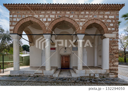 Historic Kilicaslan Mosque facade in Selcuk, Turkey. Featuring traditional brickwork, arches, and columns 132294050