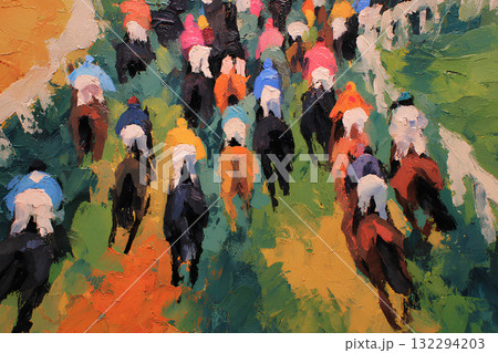 油彩タッチの競馬シーン/horse racing scene 132294203
