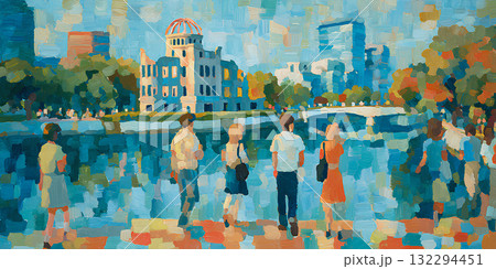 油彩タッチの広島の原爆ドームと人々/Hiroshima Atomic Bomb Dome 132294451