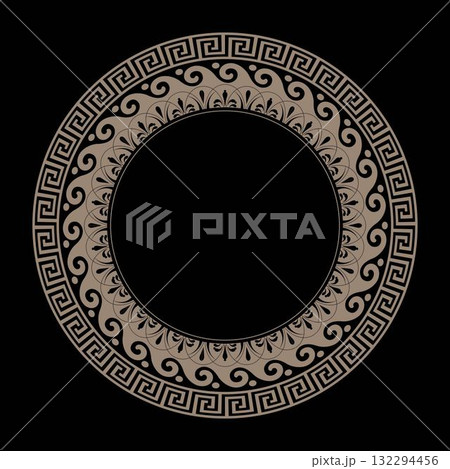 Greek gold round frame on black background. Greek pattern. Round porcelain plate with key, floral meanders. Greek key. Circle frame with greek ornament. Pattern of Greece, ancient Rome. For porcelain Greek gold round frame on black background. Greek pattern. Round porcelain plate with key, floral meanders. Greek key. Circle frame with greek ornament. Pattern of Greece, ancient Rome. For porcelain 132294456