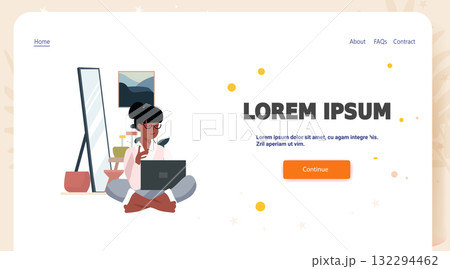Woman working laptop home interior modern workspace plants mirror wall art website landing page template 132294462