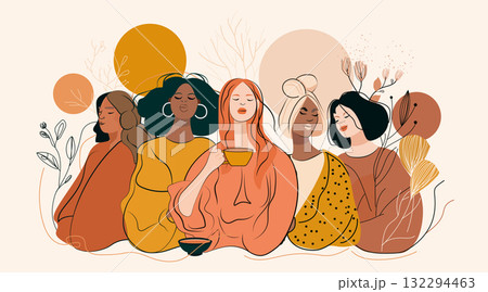 Diverse women group friendship unity relaxation floral abstract background modern flat design Diverse women group friendship unity relaxation floral abstract background modern flat design 132294463