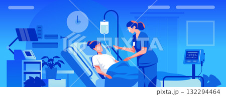 Nurse caring for patient hospital room medical equipment healthcare worker monitoring intravenous therapy blue background modern clinic Nurse caring for patient hospital room medical equipment healthcare worker monitoring intravenous therapy blue background modern clinic 132294464