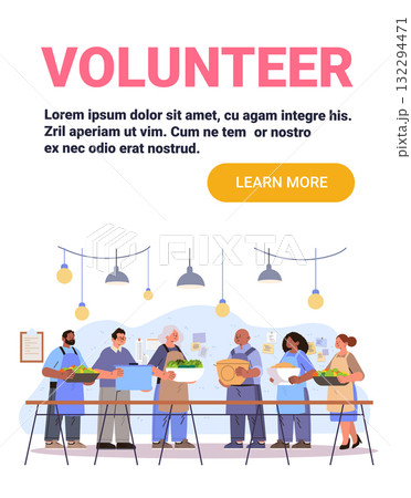 Volunteer teamwork food donation community group preparing meals together in kitchen diverse people aprons lights social activity banner Volunteer teamwork food donation community group preparing meals together in kitchen diverse people aprons lights social activity banner 132294471