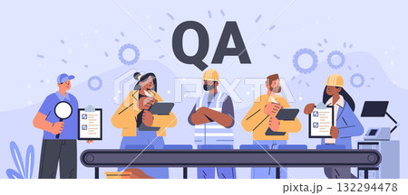 Quality assurance team factory inspection workers checking products assembly line clipboards magnifying glass gear icons modern industrial background 132294478