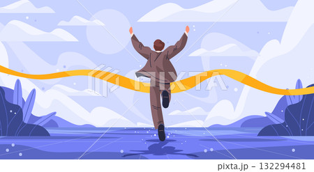Businessman crossing finish line success achievement goal concept man in suit running with arms raised yellow ribbon abstract landscape background 132294481