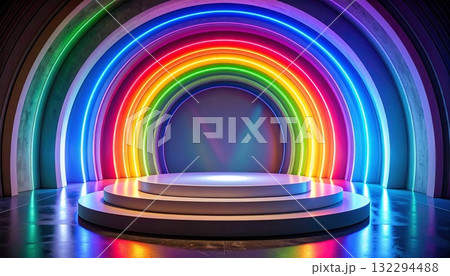 カラフルな虹色に輝くネオンステージとスポットライトが演出する華やかな空間	 132294488