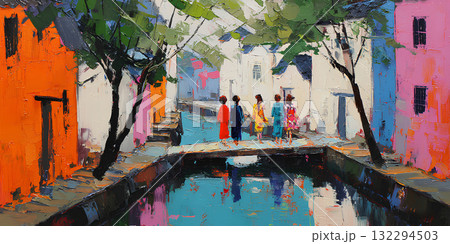 油彩タッチの水路のある古い街並みの観光地/old town with canal