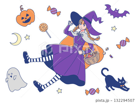 ハロウィンの仮装をしている女の子と小物のセット 132294507