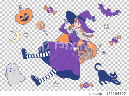 一組穿著萬聖節服裝和配件的女孩 132294507