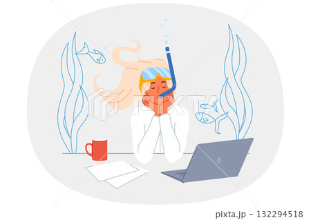 Business woman dreams of diving and opportunity to swim underwater, sitting at desk with computer Business woman dreams of diving and opportunity to swim underwater, sitting at desk with computer 132294518