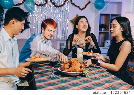 Diversity, dinner and group of people toast celebration together at party. Friends, happy and celebrate with food, wine and friendship for love, support and cheers champagne at business function 132294684