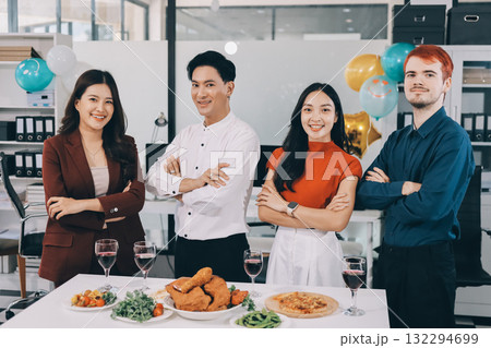 Diversity, dinner and group of people toast celebration together at party. Friends, happy and celebrate with food, wine and friendship for love, support and cheers champagne at business function 132294699