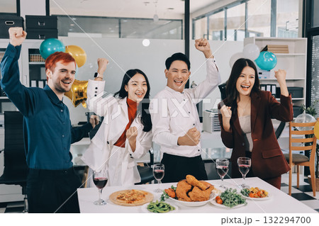 Diversity, dinner and group of people toast celebration together at party. Friends, happy and celebrate with food, wine and friendship for love, support and cheers champagne at business function 132294700