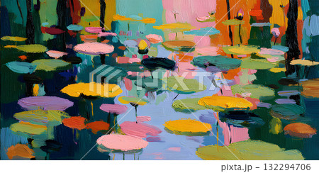 油彩タッチの蓮の池/Bold oil painting lotus pond 132294706