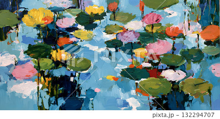 油彩タッチの蓮の池/Bold oil painting lotus pond 油彩タッチの蓮の池/Bold oil painting lotus pond 132294707