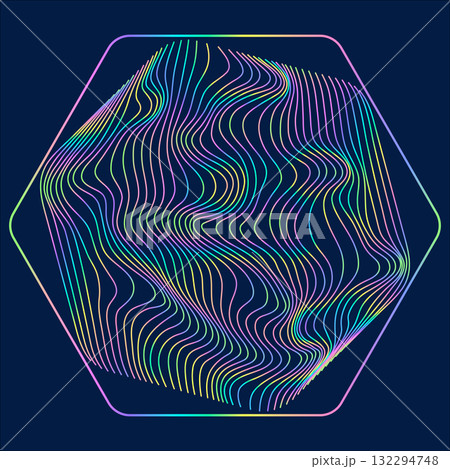Particles and wavy lines in shape. Linear wave style. 132294748
