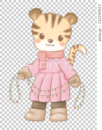 Little tiger hold string lights cartoon hand drawn 132294923