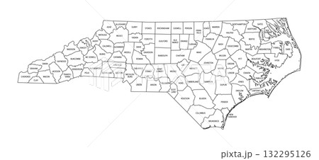 State of North Carolina, subdivided into 100 counties, outline map, with county names and borders. State in the Southeastern region of the United States, nicknamed The Tar Heel State. Vector 132295126